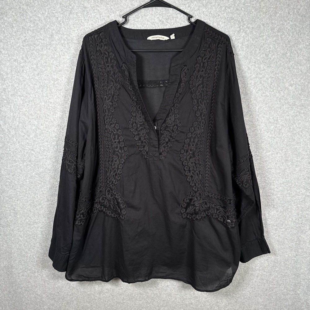 Soft surroundings tunic womemens 2X black embroidered v neck cotton blouse shirt